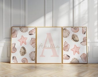 Seashells Set of 3 Prints Custom Wall Art for Girls Room Nursery Decor Personalized Name Sign Coastal Beach Watercolor Printable Posters