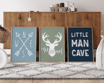 Custom Set of 3 Wall Art Prints Deer Antler Little Man Cave Nursery Boy Room Decor Personalized Name Sign Print Toddler Boy Rustic Wall Art
