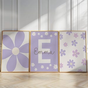 Custom Daisy Wall Art Set of 3 Prints Nursery Girl Room Decor Personalized Name Sign Print Floral Printable Wall Art Neutral Lilac Purple