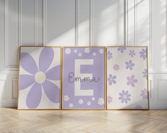 Custom Daisy Wall Art Set of 3 Prints Nursery Girl Room Decor Personalized Name Sign Print Floral Printable Wall Art Neutral Lilac Purple