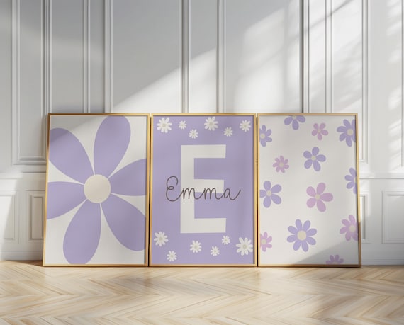 Custom Daisy Wall Art Set of 3 Prints Nursery Girl Room Decor Personalized Name Sign Print Floral Printable Wall Art Neutral Lilac Purple