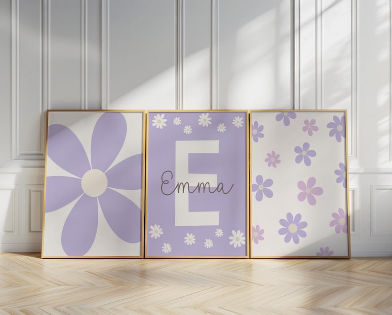 Custom Daisy Wall Art Set of 3 Prints Nursery Girl Room Decor Personalized Name Sign Print Floral Printable Wall Art Neutral Lilac Purple