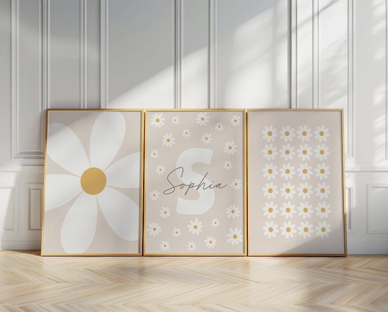 Daisy Wall Art Prints Set of 3 Custom Nursery Girl Room Decor Personalized Name Sign Flower Prints Floral Printable Wall Art Boho Neutral image 5