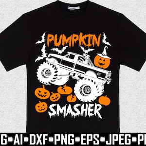 May include: Black t-shirt with a Halloween-themed graphic. The design features a monster truck with large wheels, pumpkins, and bats. The words "PUMPKIN SMASHER" are displayed in white and orange. The bottom of the shirt has file type icons.