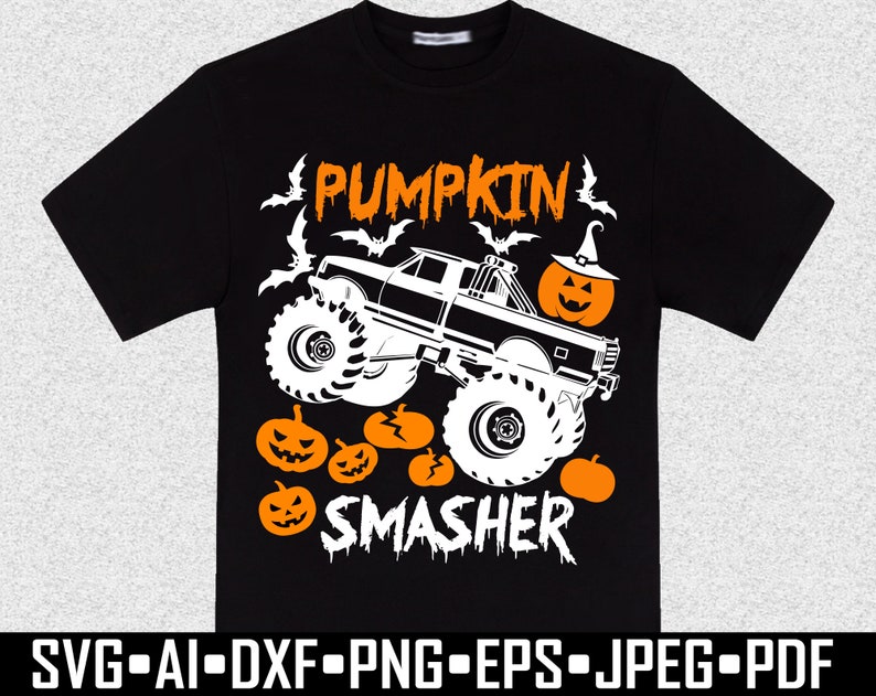 May include: Black t-shirt with a Halloween-themed graphic. The design features a monster truck with large wheels, pumpkins, and bats. The words "PUMPKIN SMASHER" are displayed in white and orange. The bottom of the shirt has file type icons.