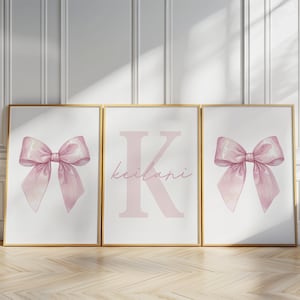 Set of 3 Pink Bow Prints Custom Wall Art Nursery Girl Room Decor Personalized Name Sign Watercolor Prints Girly Art Printable Posters
