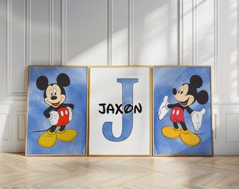 Mickey Mouse set van 3 prints aangepaste muurkunst kinderkamer jongens kamer decor afdrukbare digitale posters gepersonaliseerde naambord print peuterjongen