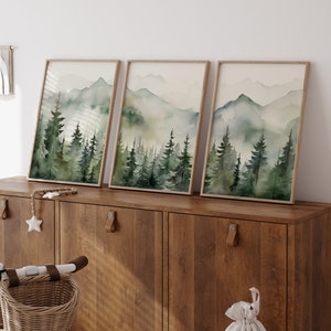 3 Piece Wall Art Prints Pine Forest Nursery Wall Decor Print Sage Green ...