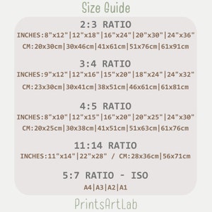 May include: Size guide for prints with different aspect ratios, including 2:3, 3:4, 4:5, 11:14, and 5:7. The guide shows the dimensions in inches and centimeters for each ratio. It also includes the standard paper sizes A4, A3, A2, and A1 for the 5:7 ratio.