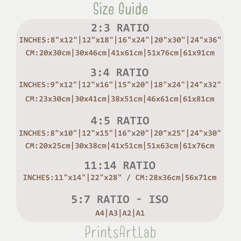 May include: Size guide for prints with different aspect ratios, including 2:3, 3:4, 4:5, 11:14, and 5:7. The guide shows the dimensions in inches and centimeters for each ratio. It also includes the standard paper sizes A4, A3, A2, and A1 for the 5:7 ratio.