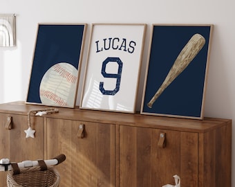 Benutzerdefiniertes 3er-Set Baseball Wand Kunst Druck Junge Zimmer Dekor Personalisiertes Namensschild Spielzimmer Druck Jungen Kinder Kinderzimmer Wand druckbar