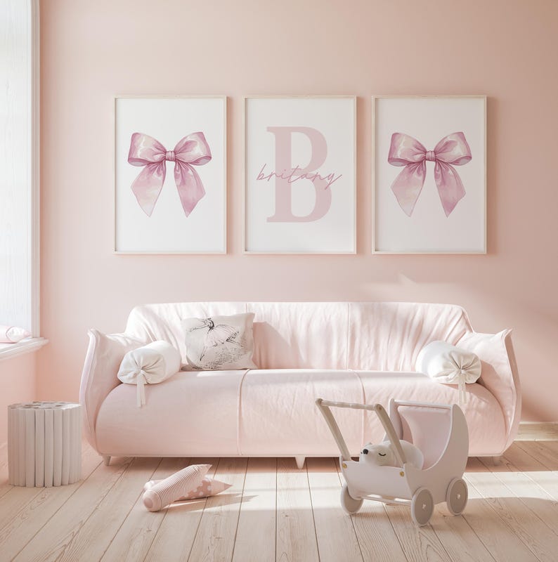 Set of 3 Pink Bow Prints Custom Wall Art Nursery Girl Room Decor ...