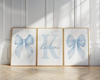 Blue Bow Set of 3 Custom Prints Wall Art Nursery Girl Room Decor Personalized Name Sign Watercolor Prints Girly Art Printable Posters
