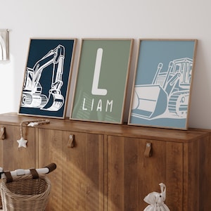 Custom Set of 3 Wall Art Print Construction Nursery Excavator Toddler Boy Room Decor Bulldozer Personalized Name Sign Prints Child Kids