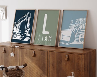 Custom Set of 3 Wall Art Print Construction Nursery Excavator Toddler Boy Room Decor Bulldozer Personalized Name Sign Prints Child Kids
