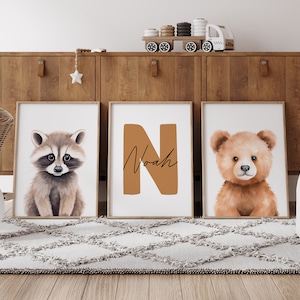 Set di arte da parete di 3 stampe personalizzate per la cameretta degli animali del bosco, stampe per la cameretta dei bambini, animali della foresta, targhetta con nome personalizzata, stampabile per bambini