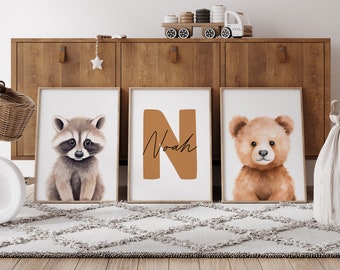 Wall Art Set of 3 Custom Woodland Animal Nursery Prints Forest Animals Nursery Baby Boy Room Decor Personalized Name Sign Kids Printable