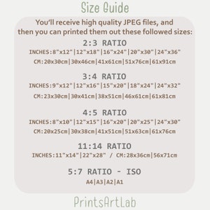May include: A size guide for digital prints, showing different aspect ratios and corresponding measurements in inches and centimeters. The guide includes ratios of 2:3, 3:4, 4:5, 11:14, and 5:7. The 5:7 ratio also includes standard ISO paper sizes: A4, A3, A2, and A1.