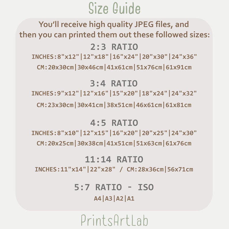 May include: A size guide for digital prints, showing different aspect ratios and corresponding measurements in inches and centimeters. The guide includes ratios of 2:3, 3:4, 4:5, 11:14, and 5:7. The 5:7 ratio also includes standard ISO paper sizes: A4, A3, A2, and A1.