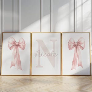 Pink Bow Wall Art Set of 3 Custom Prints Nursery Girl Room Decor Personalized Name Sign Watercolor Prints Girly Art Printable Posters