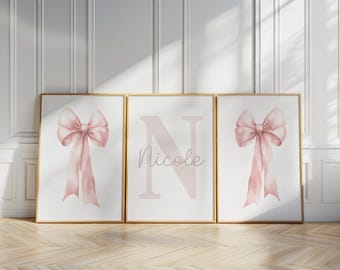 Pink Bow Wall Art Set of 3 Custom Prints Nursery Girl Room Decor Personalized Name Sign Watercolor Prints Girly Art Printable Posters