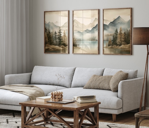 Set of 3 Piece Wall Art Prints Mountain Lake Forest Watercolor Vintage Landscape Wall Decor Print Abstract Nature Nursery Wall Set Decor