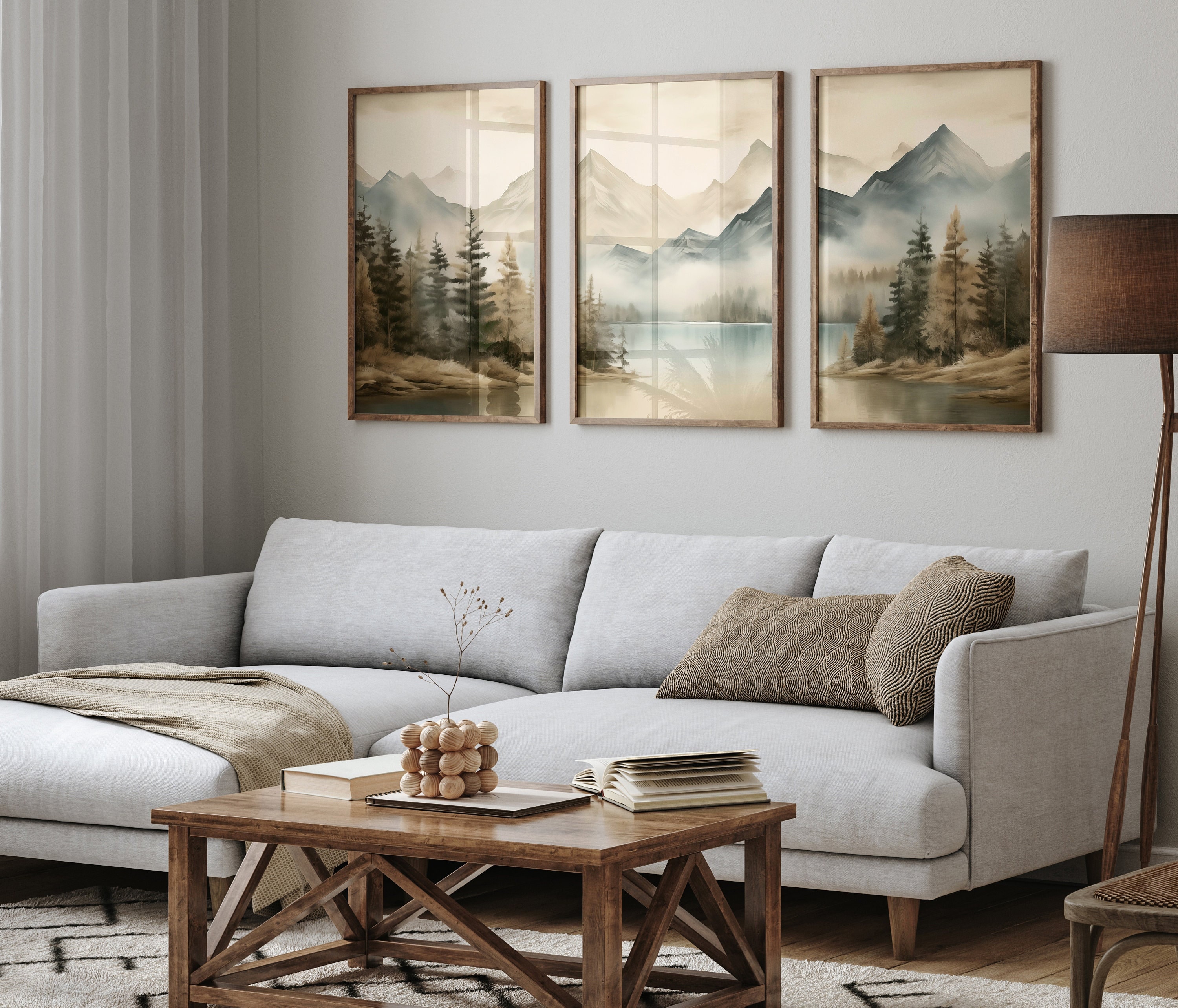 Set of 3 Piece Wall Art Prints Mountain Lake Forest Watercolor Vintage ...