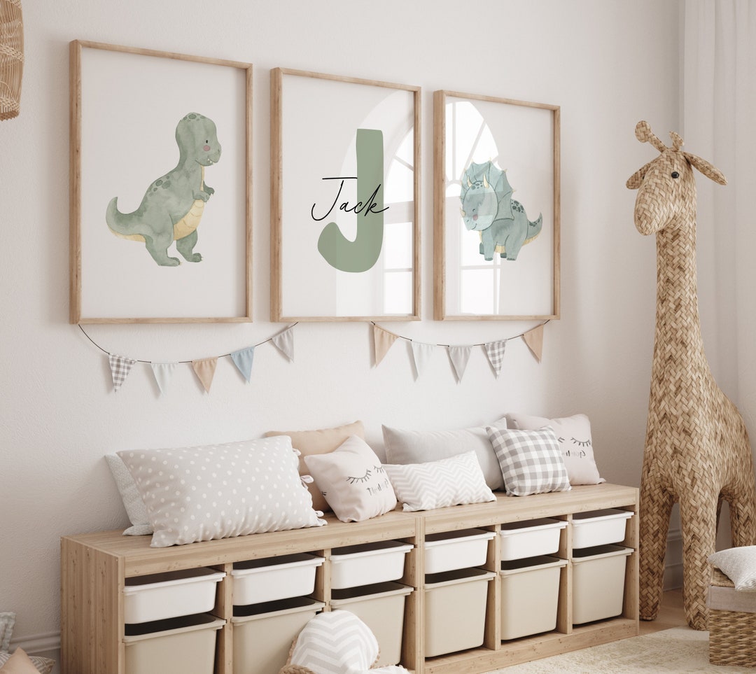 Custom Wall Art Set of 3 Dinosaur Nursery Prints Boy Room Decor Baby ...