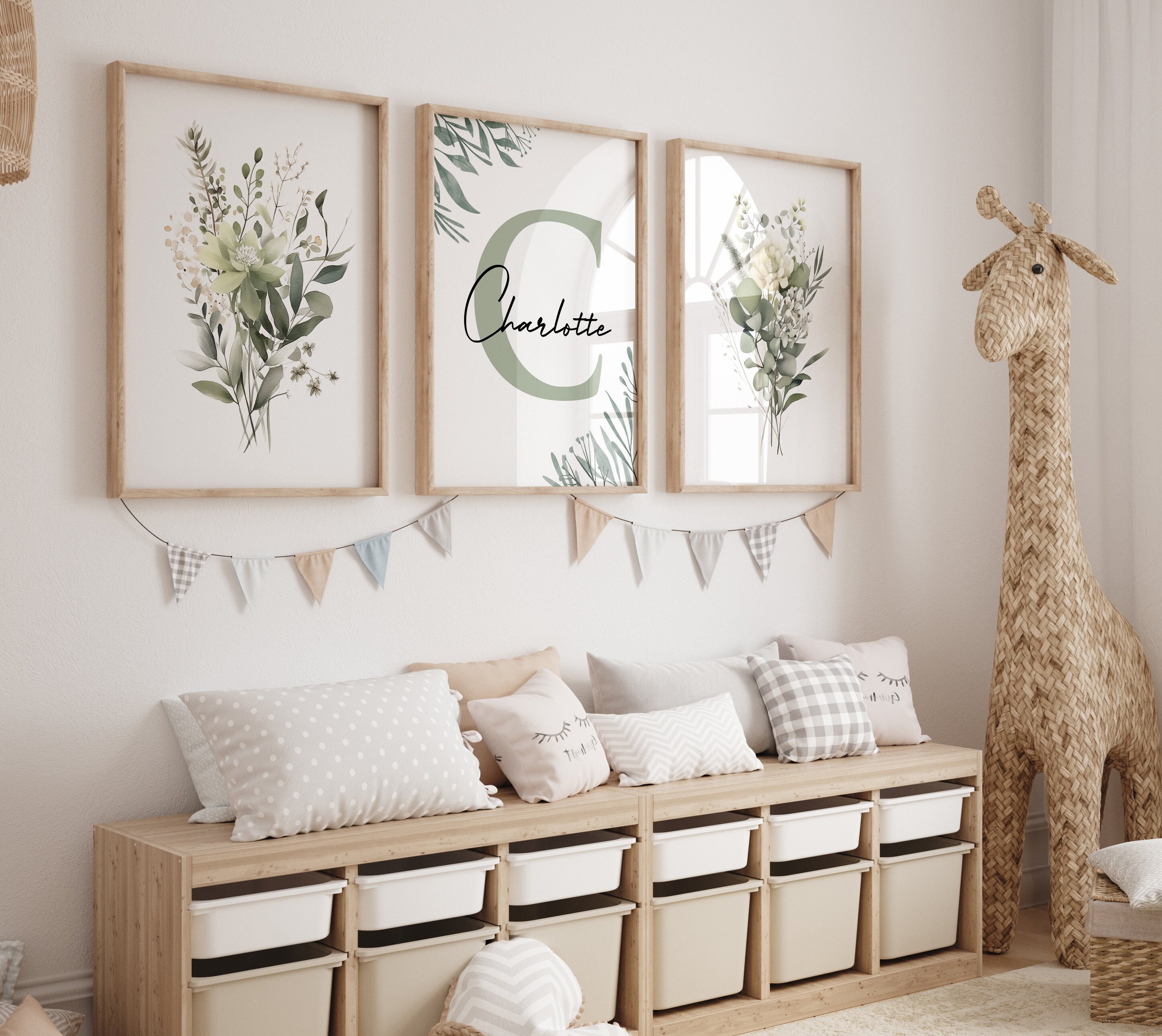 Wildflowers Wall Art Set of 3 Watercolor Custom Name Sign Prints Sage ...