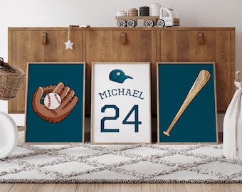 Benutzerdefiniertes 3er-Set Wandkunst Baseball Poster Kinderzimmer Jungen-Raum-Dekor personalisiertes Namensschild Spielzimmer-Jungen-Kinderwand-Dekor druckbare