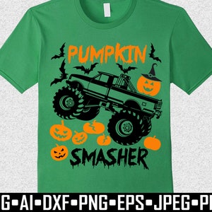 May include: Green t-shirt with a black and orange graphic design. The design features a monster truck with the text "PUMPKIN SMASHER", bats, and jack-o'-lanterns. The bottom of the shirt has the text "SVG &bull; AI &bull; DXF &bull; PNG &bull; EPS &bull; JPEG &bull; PDF".