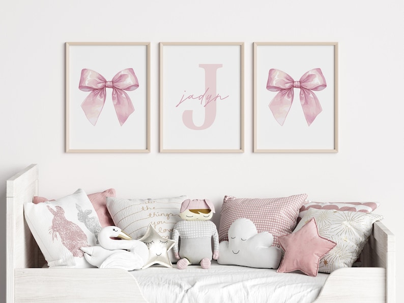 Set of 3 Pink Bow Prints Custom Wall Art Nursery Girl Room Decor ...