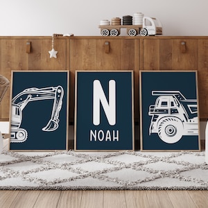 Construction Nursery Custom Set of 3 Wall Art Print Navy Digger Toddler Boy Room Decor Dump Truck Personalized Name Sign Prints Child Kids