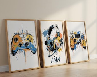 Set of 3 Custom Gaming Prints Boy Room Wall Art Decor Personalized Name Sign Gamer Gift Toddler Boy Print Boys Bedroom Kids Decor Printable