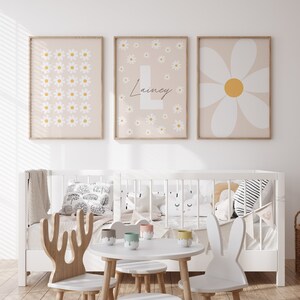Daisy Wall Art Prints Set of 3 Custom Nursery Girl Room Decor Personalized Name Sign Flower Prints Floral Printable Wall Art Boho Neutral image 2