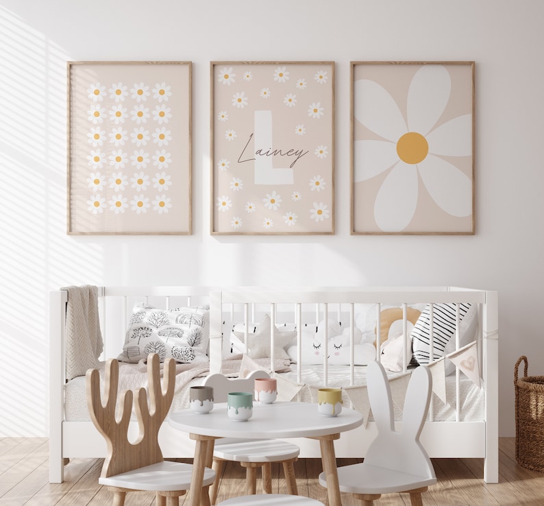 Daisy Wall Art Prints Set of 3 Custom Nursery Girl Room Decor Personalized Name Sign Flower Prints Floral Printable Wall Art Boho Neutral image 2