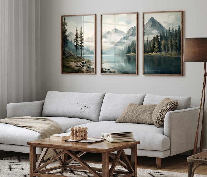 Set of 3 Piece Wall Art Prints Mountain Lake Forest Watercolor Neutral ...