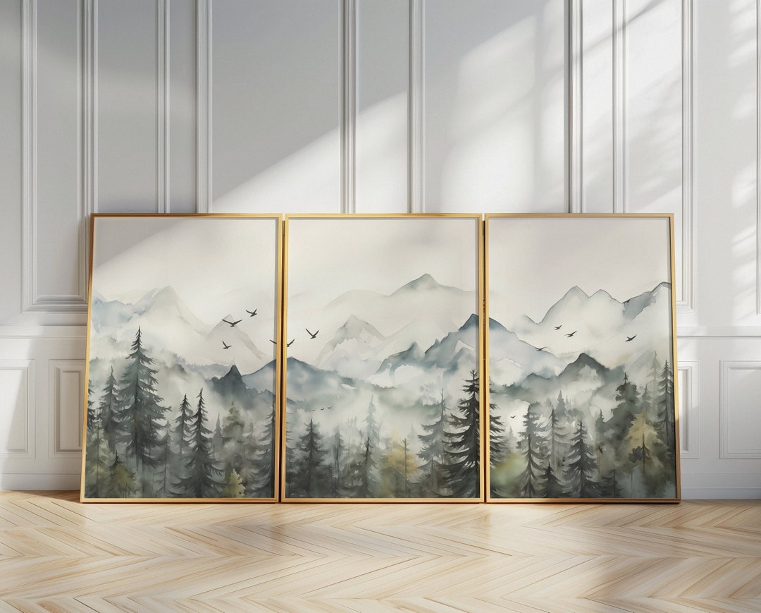 Watercolor Mountain Set of 3 Piece Wall Art Prints Pine Forest ...