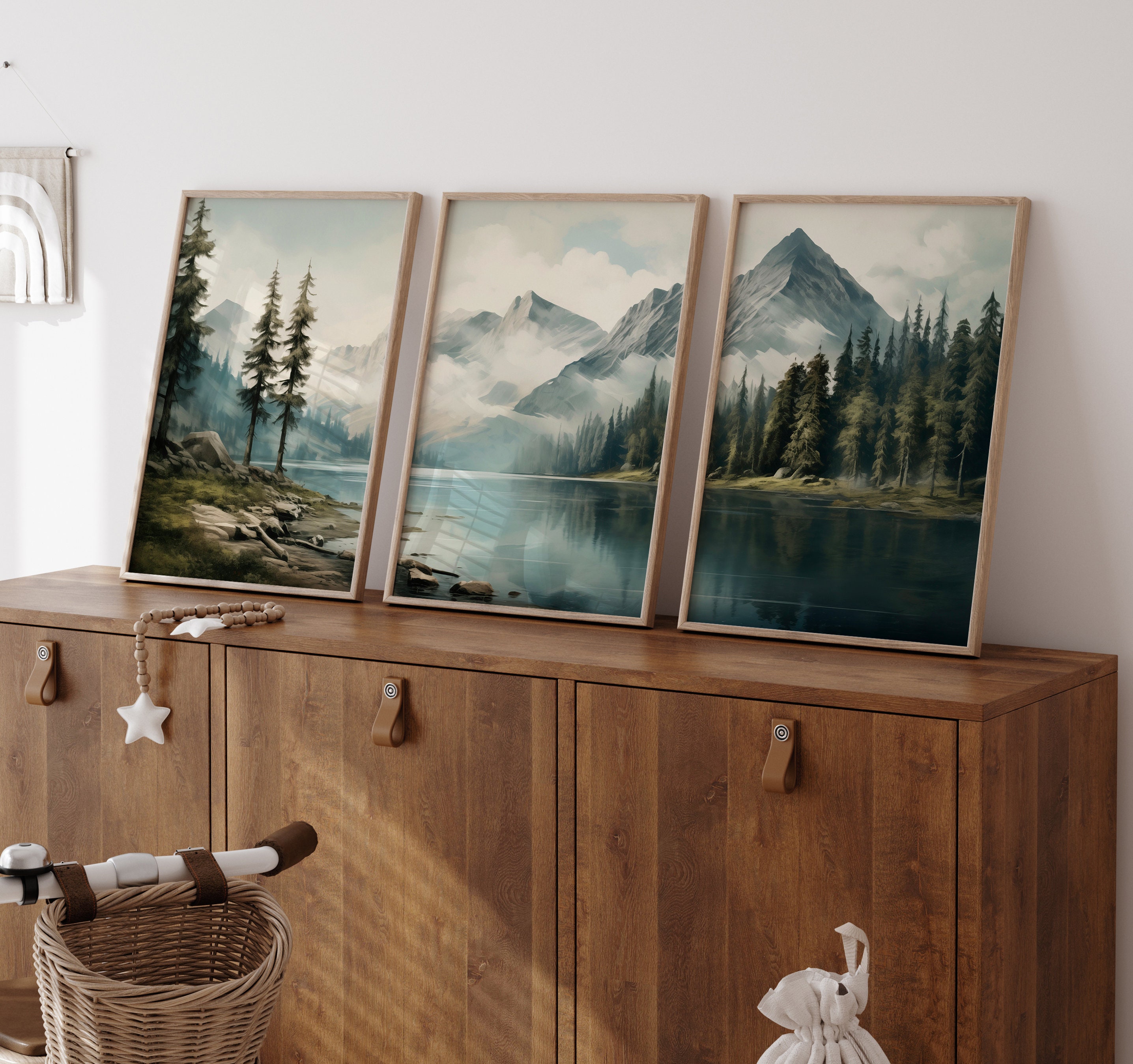 Set of 3 Piece Wall Art Prints Mountain Lake Forest Watercolor Neutral ...