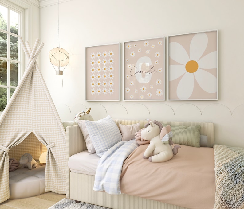 Daisy Wall Art Prints Set of 3 Custom Nursery Girl Room Decor Personalized Name Sign Flower Prints Floral Printable Wall Art Boho Neutral image 4