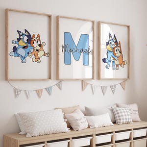 Custom Blue Dogs Themed Wall Art Prints Set of 3 Nursery Boys Room Decor Digital Posters Print Personalized Name Toddler Boy / Girls Decor