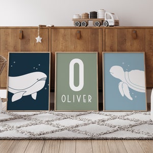 Wandkunst-Set 3 Benutzerdefinierte Druckwasserozeantier-Wal-Schildkröte Kinderzimmer-Jungen-Raumdekor-personalisiertes Namensschild unter den Seedrucken