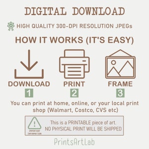 May include: A digital download graphic showing how to download, print, and frame a printable piece of art. The text reads "DIGITAL DOWNLOAD", "HIGH QUALITY 300-DPI RESOLUTION JPEGS", "HOW IT WORKS (IT'S EASY)", "DOWNLOAD", "PRINT", "FRAME", "You can print at home, online, or your local print shop (Walmart, Costco, CVS etc)", "This is a PRINTABLE piece of art. NO PHYSICAL PRINT WILL BE SHIPPED", and "PrintsArtLab".