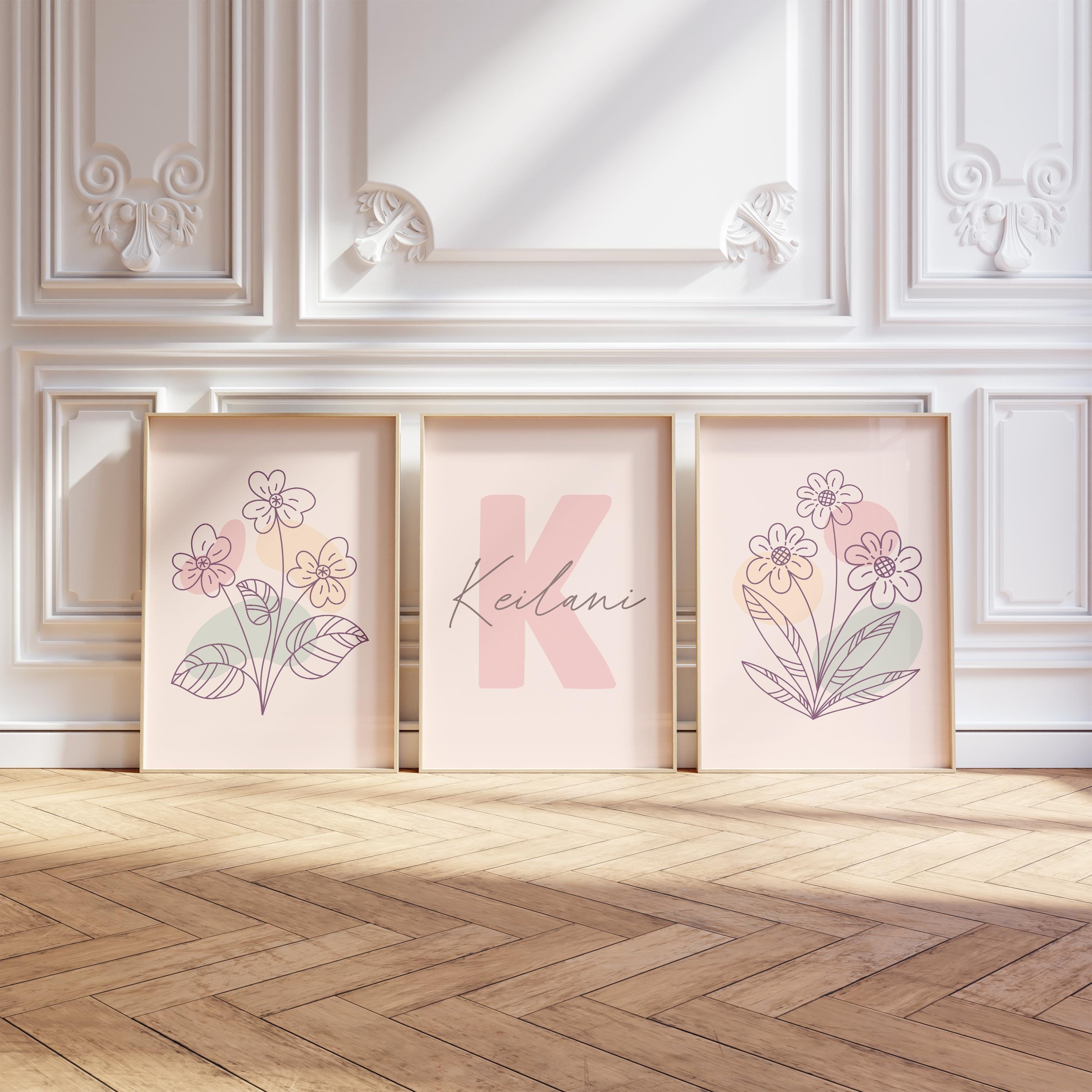 Personalized Floral Nursery Prints, Custom Name Wall Art (set of 3 ...