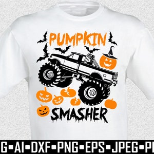 May include: White t-shirt featuring a black and white monster truck design with the text "PUMPKIN SMASHER" in orange and black. Includes orange jack-o'-lanterns and bats, perfect for Halloween. The shirt also includes file type formats.