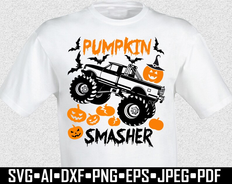 May include: White t-shirt featuring a black and white monster truck design with the text "PUMPKIN SMASHER" in orange and black. Includes orange jack-o'-lanterns and bats, perfect for Halloween. The shirt also includes file type formats.