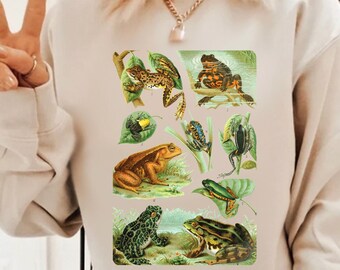 Frog SweatShirt, Cottagecore Shirt, Vintage Frogs Art,  Biology Indie Shirt, Goblincore Clothing, Cottage Core Clothes, Fairycore Clothing