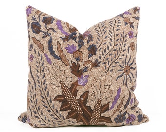 Purple Brown Floral Batik Pillow Case, Vintage Hand-drawn Indonesian Batik, Floral Pillowcase