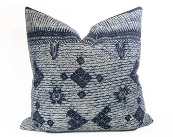 Indigo Batik Pillow Cover, Vintage Hand-drawn Batik Cushions 20x20", Antique Textiles, Indonesian Batik