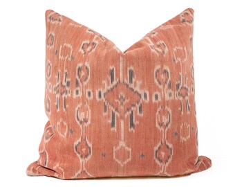 Sumba Ikat Pillow Cover 20"x20", Vintage Indonesia Ikat, Antique Natural Dye Old Ikat, Faded Burnt Orange Cushions